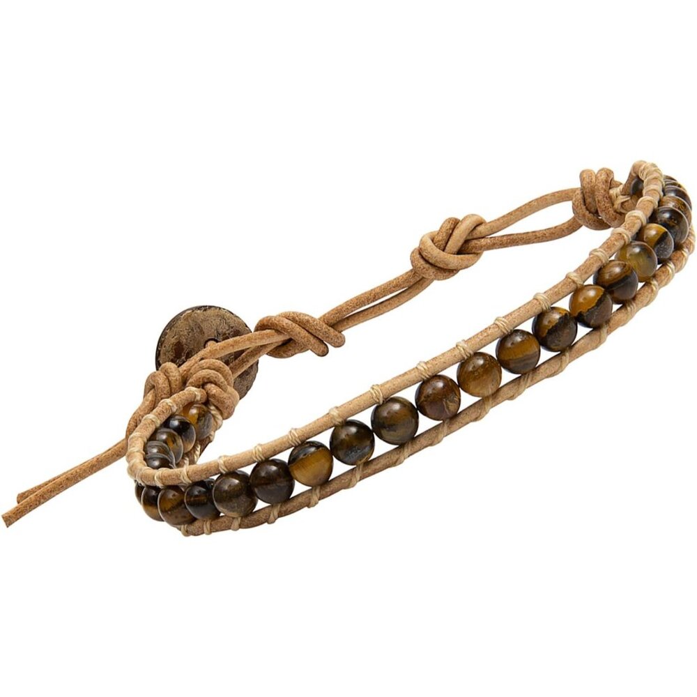 888 Leather Bracelet Light Brown Wrap Beads Natural Stone Adjustable for Men Wom
